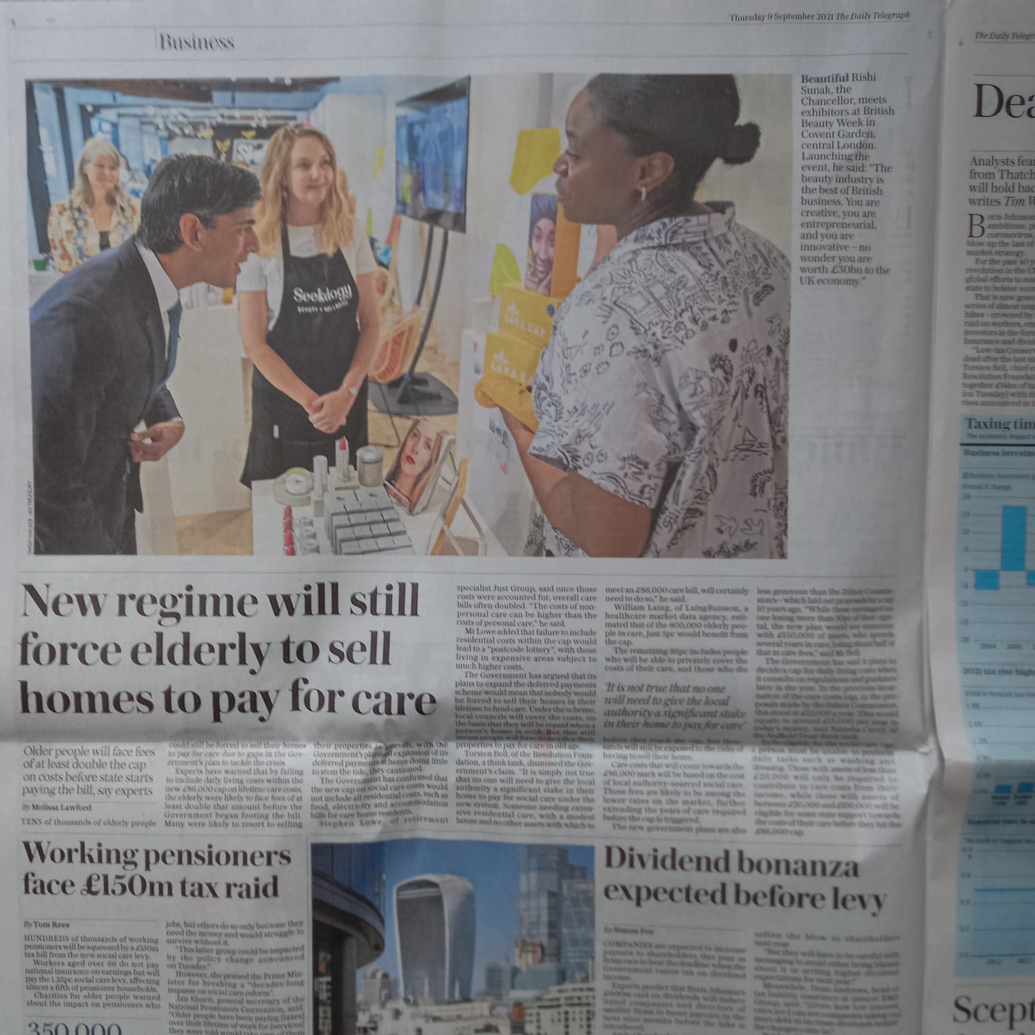 Telegraph newspaper featured Rishi Sunak meeting Lava Cap hair cap founder Rosemary Madagwa, Rishi remarked at the innovative microwavable conditioning cap