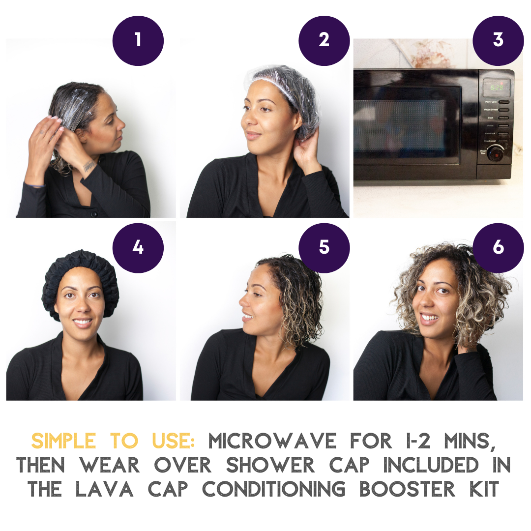 How to use a Lava Cap microwavable heat cap for deep conditioning dry hair in 6 steps