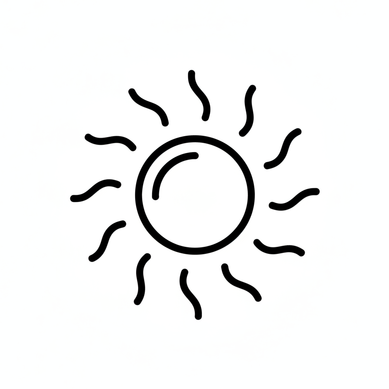 Black and white icon of a sun on a white background
